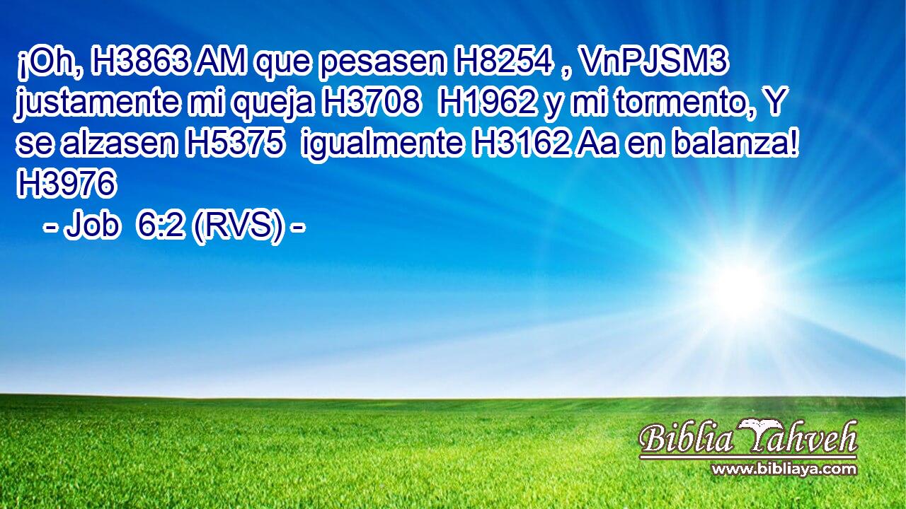 ¡Oh, H3863 AM que pesasen H8254 , VnPJSM3 justamente mi queja H3708  H1962 y mi tormento, Y se alzasen H5375  igualmente H3162 Aa en balanza! H3976  