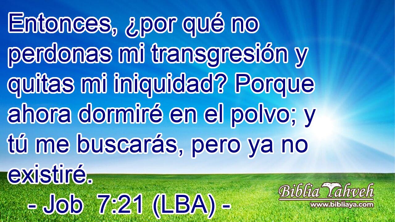 Entonces, ¿por qué no perdonas mi transgresión y quitas mi iniquidad? Porque ahora dormiré en el polvo; y tú me buscarás, pero ya no existiré.
