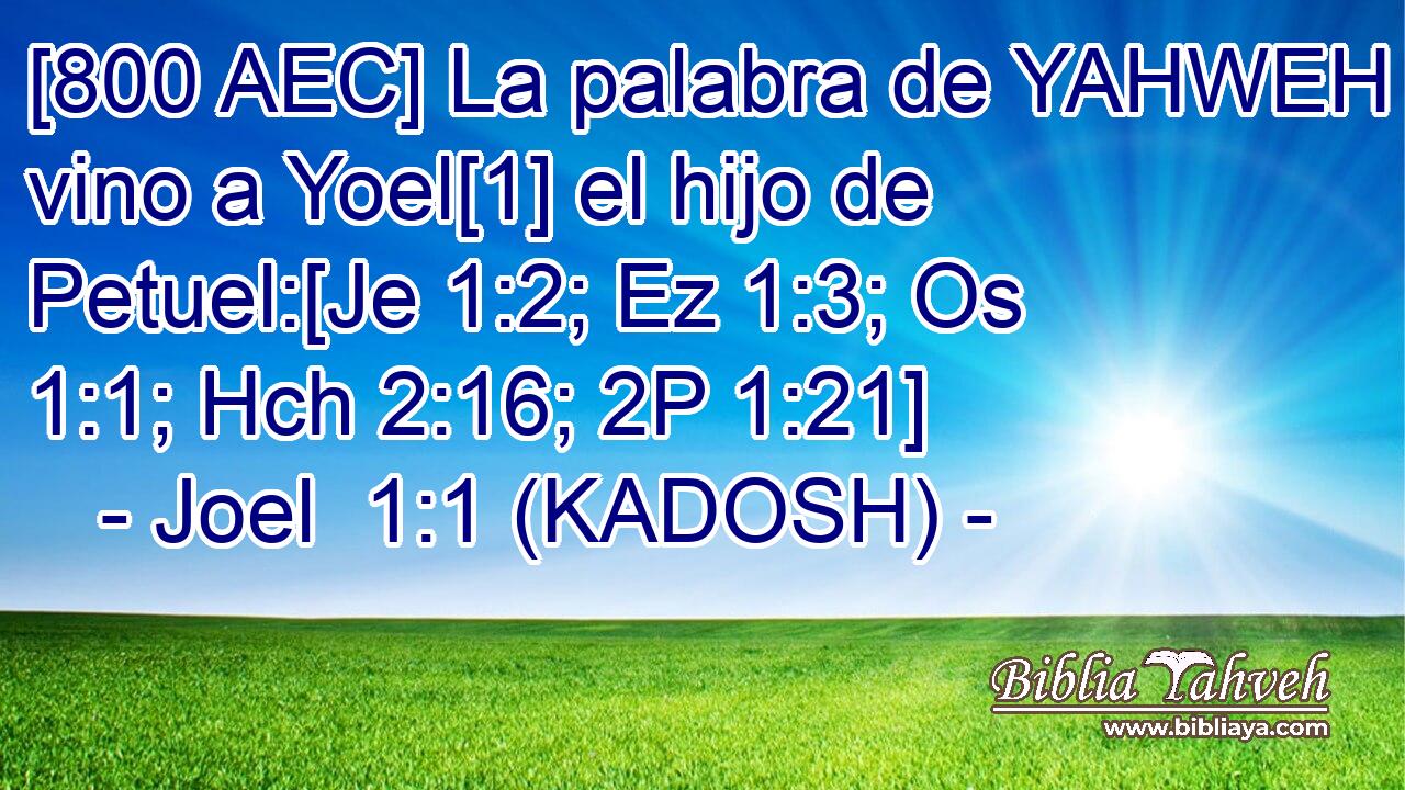  [800 AEC] La palabra de YAHWEH vino a Yoel[1] el hijo de Petuel:[Je 1:2; Ez 1:3; Os 1:1; Hch 2:16; 2P 1:21] 