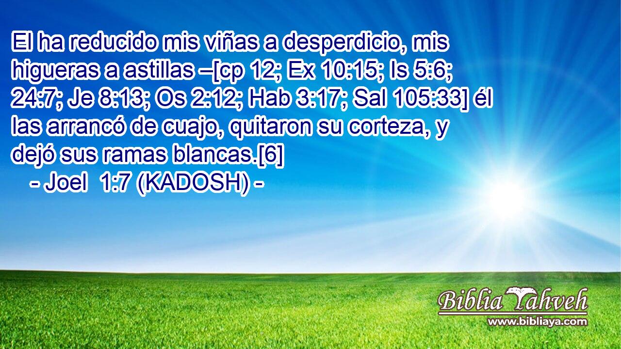  El ha reducido mis viñas a desperdicio, mis higueras a astillas –[cp 12; Ex 10:15; Is 5:6; 24:7; Je 8:13; Os 2:12; Hab 3:17; Sal 105:33] él las arrancó de cuajo, quitaron su corteza, y dejó sus ramas blancas.[6] 