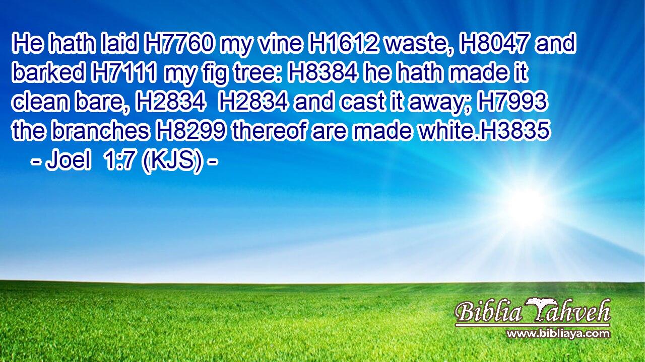 He hath laid H7760 my vine H1612 waste, H8047 and barked H7111 my fig tree: H8384 he hath made it clean bare, H2834  H2834 and cast it away; H7993 the branches H8299 thereof are made white.H3835