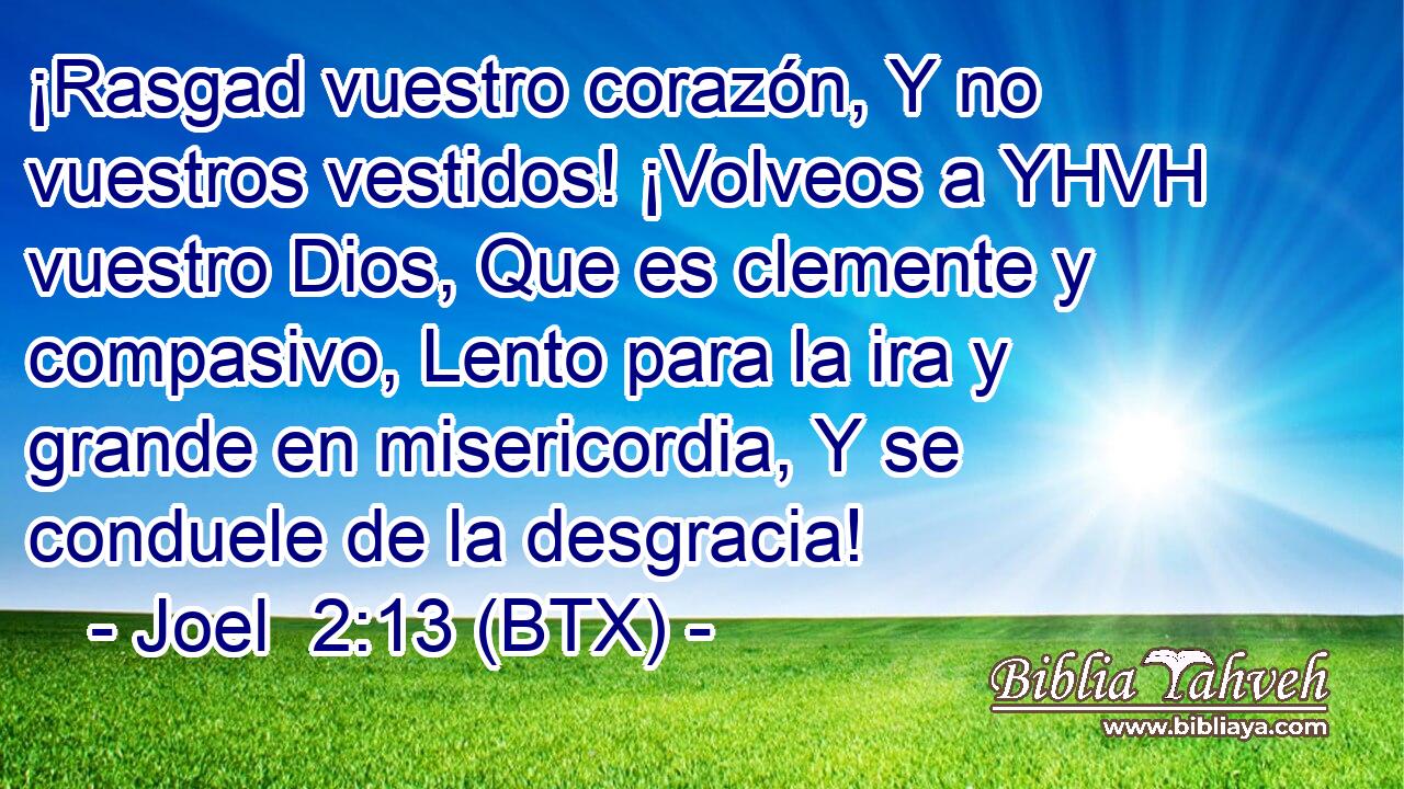 ¡Rasgad vuestro corazón, Y no vuestros vestidos! ¡Volveos a YHVH vuestro Dios, Que es clemente y compasivo, Lento para la ira y grande en misericordia, Y se conduele de la desgracia!