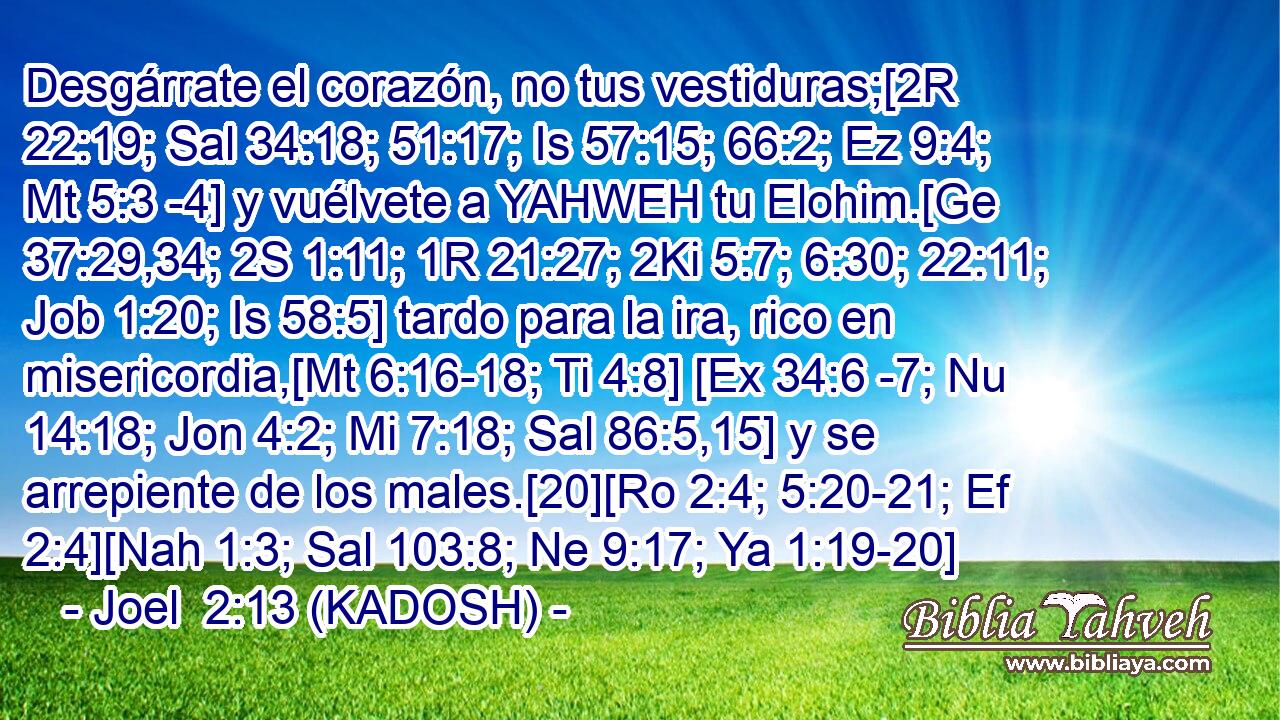  Desgárrate el corazón, no tus vestiduras;[2R 22:19; Sal 34:18; 51:17; Is 57:15; 66:2; Ez 9:4; Mt 5:3 -4] y vuélvete a YAHWEH tu Elohim.[Ge 37:29,34; 2S 1:11; 1R 21:27; 2Ki 5:7; 6:30; 22:11; Job 1:20; Is 58:5] tardo para la ira, rico en misericordia,[Mt 6:16-18; Ti 4:8] [Ex 34:6 -7; Nu 14:18; Jon 4:2; Mi 7:18; Sal 86:5,15] y se arrepiente de los males.[20][Ro 2:4; 5:20-21; Ef 2:4][Nah 1:3; Sal 103:8; Ne 9:17; Ya 1:19-20] 