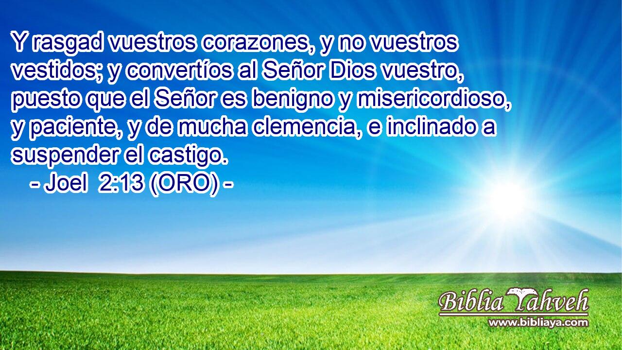  Y rasgad vuestros corazones, y no vuestros vestidos; y convertíos al Señor Dios vuestro, puesto que el Señor es benigno y misericordioso, y paciente, y de mucha clemencia, e inclinado a suspender el castigo. 
