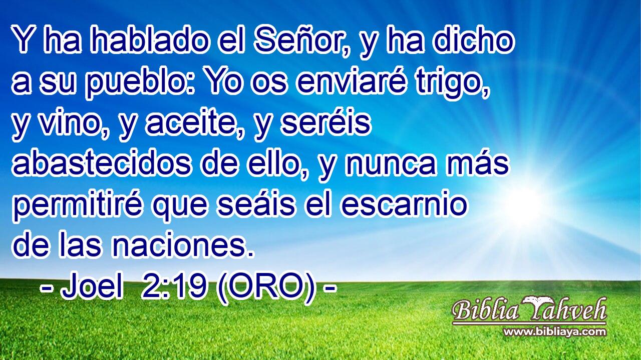  Y ha hablado el Señor, y ha dicho a su pueblo: Yo os enviaré trigo, y vino, y aceite, y seréis abastecidos de ello, y nunca más permitiré que seáis el escarnio de las naciones. 