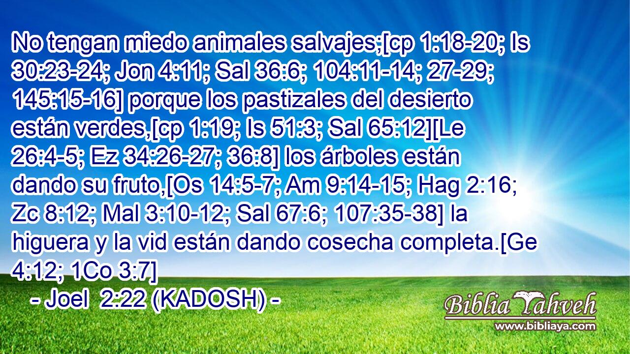  No tengan miedo animales salvajes;[cp 1:18-20; Is 30:23-24; Jon 4:11; Sal 36:6; 104:11-14; 27-29; 145:15-16] porque los pastizales del desierto están verdes,[cp 1:19; Is 51:3; Sal 65:12][Le 26:4-5; Ez 34:26-27; 36:8] los árboles están dando su fruto,[Os 14:5-7; Am 9:14-15; Hag 2:16; Zc 8:12; Mal 3:10-12; Sal 67:6; 107:35-38] la higuera y la vid están dando cosecha completa.[Ge 4:12; 1Co 3:7] 