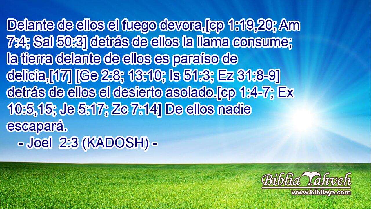  Delante de ellos el fuego devora,[cp 1:19,20; Am 7:4; Sal 50:3] detrás de ellos la llama consume; la tierra delante de ellos es paraíso de delicia,[17] [Ge 2:8; 13:10; Is 51:3; Ez 31:8-9] detrás de ellos el desierto asolado.[cp 1:4-7; Ex 10:5,15; Je 5:17; Zc 7:14] De ellos nadie escapará. 
