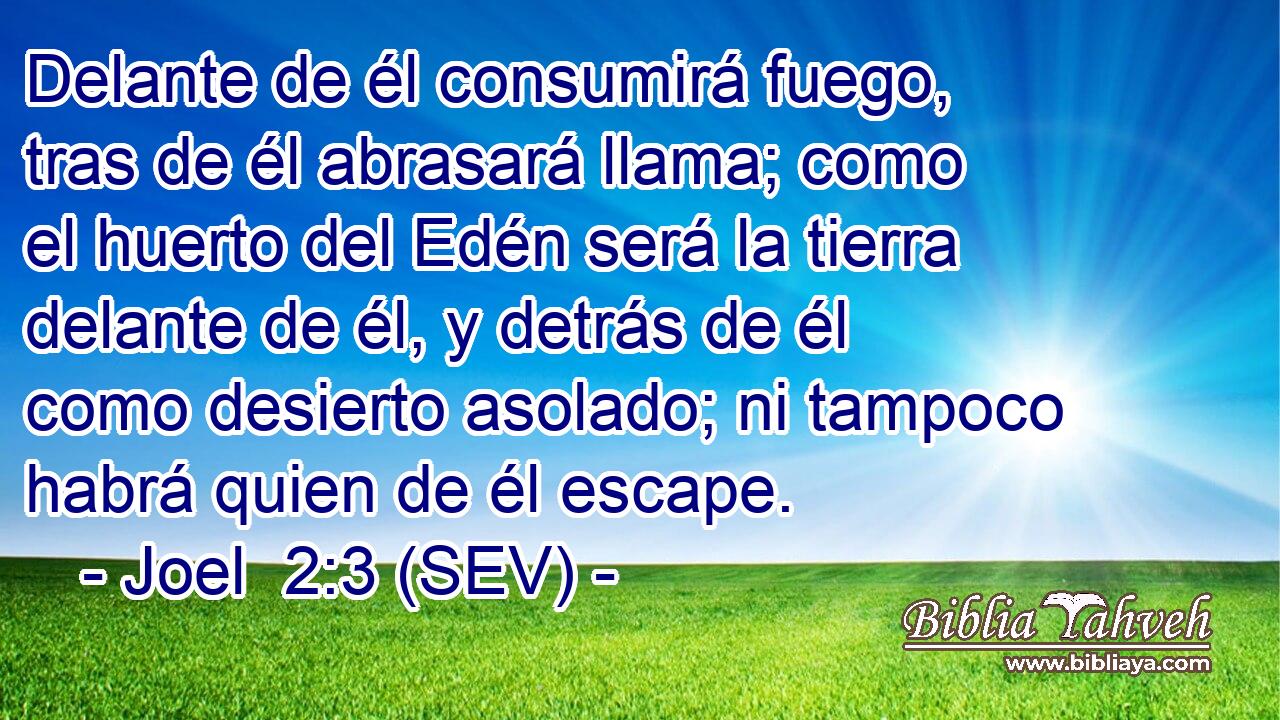 Delante de él consumirá fuego, tras de él abrasará llama; como el huerto del Edén será la tierra delante de él, y detrás de él como desierto asolado; ni tampoco habrá quien de él escape.
