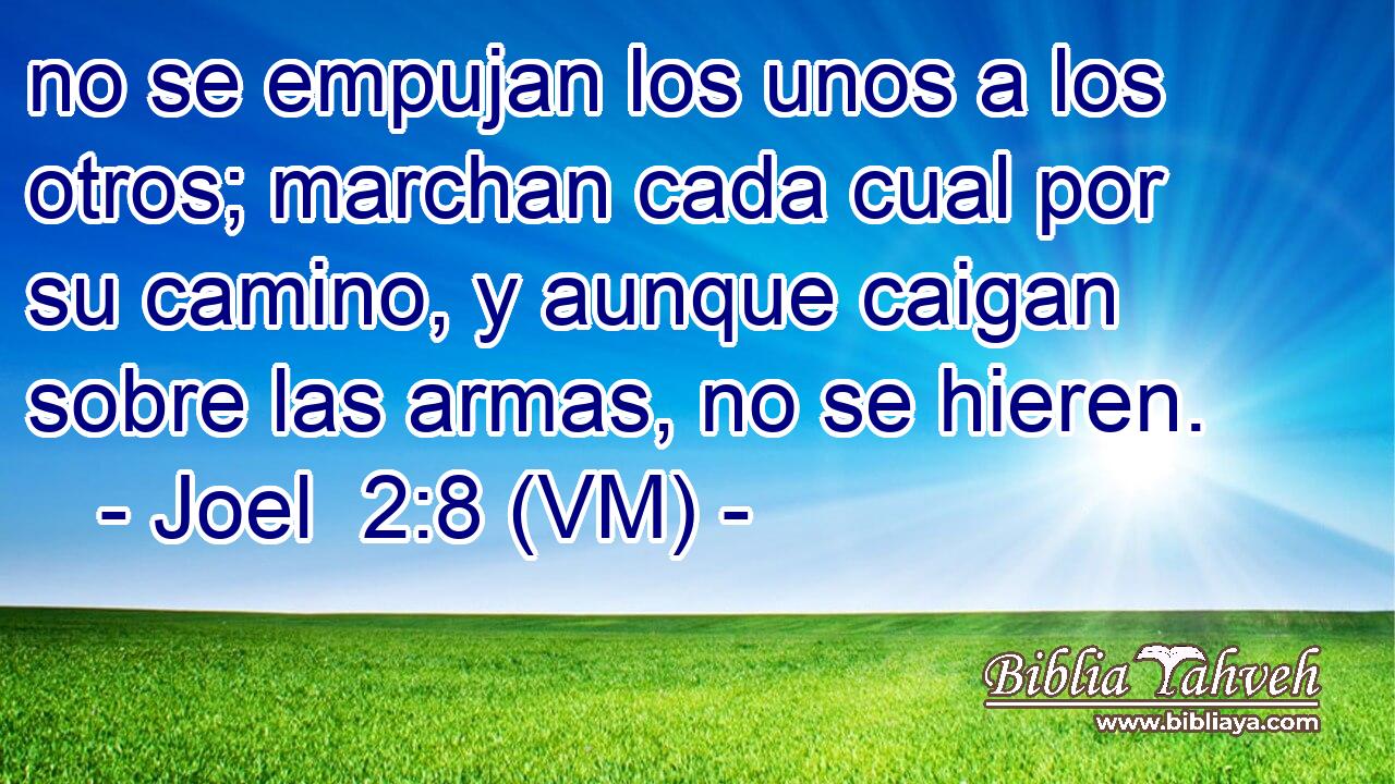  no se empujan los unos a los otros; marchan cada cual por su camino, y aunque caigan sobre las armas, no se hieren. 