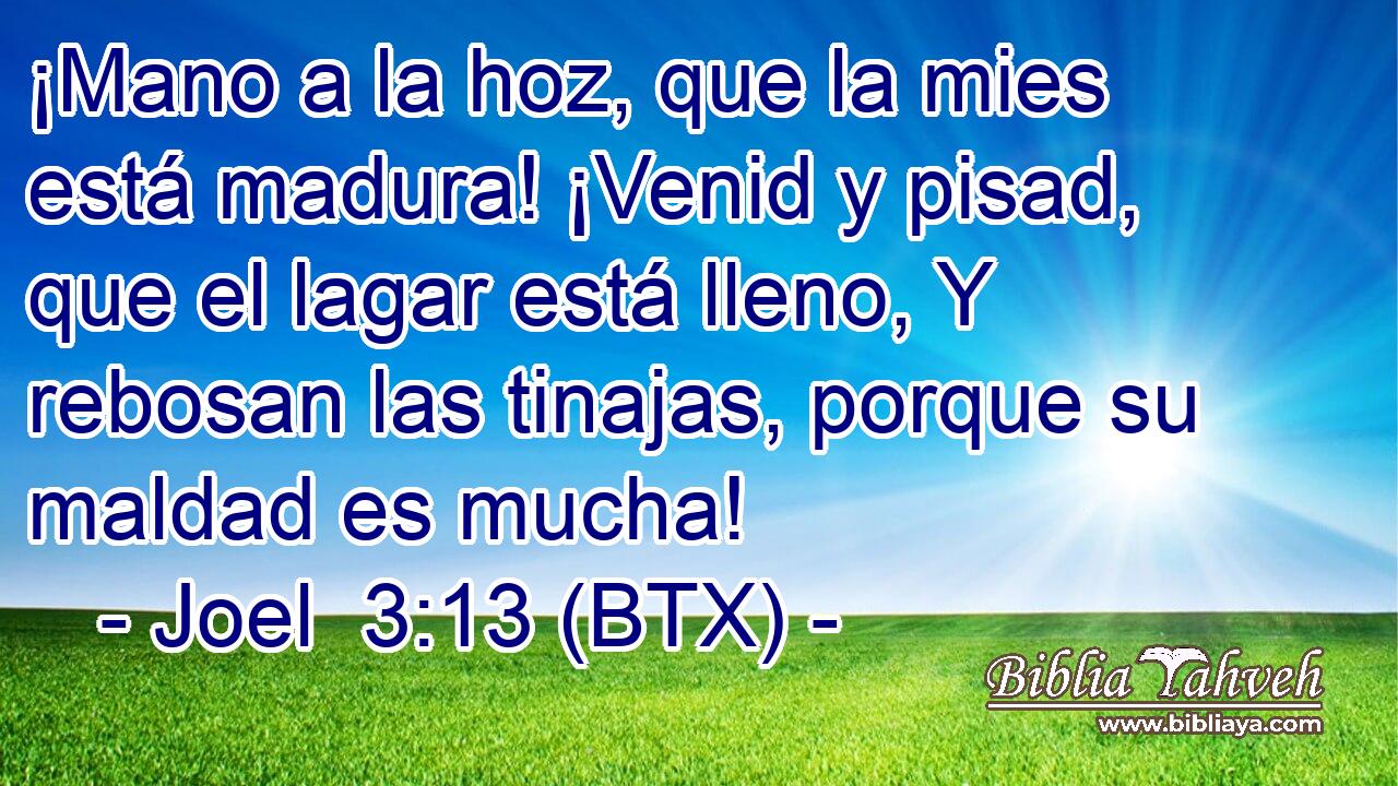 ¡Mano a la hoz, que la mies está madura! ¡Venid y pisad, que el lagar está lleno, Y rebosan las tinajas, porque su maldad es mucha!