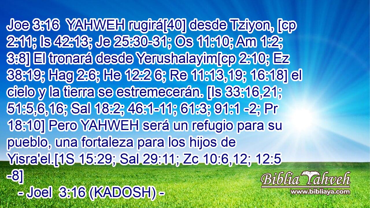  YAHWEH rugirá[40] desde Tziyon, [cp 2:11; Is 42:13; Je 25:30-31; Os 11:10; Am 1:2; 3:8] El tronará desde Yerushalayim[cp 2:10; Ez 38:19; Hag 2:6; He 12:2 6; Re 11:13,19; 16:18] el cielo y la tierra se estremecerán. [Is 33:16,21; 51:5,6,16; Sal 18:2; 46:1-11; 61:3; 91:1 -2; Pr 18:10] Pero YAHWEH será un refugio para su pueblo, una fortaleza para los hijos de Yisra'el.[1S 15:29; Sal 29:11; Zc 10:6,12; 12:5 -8] 