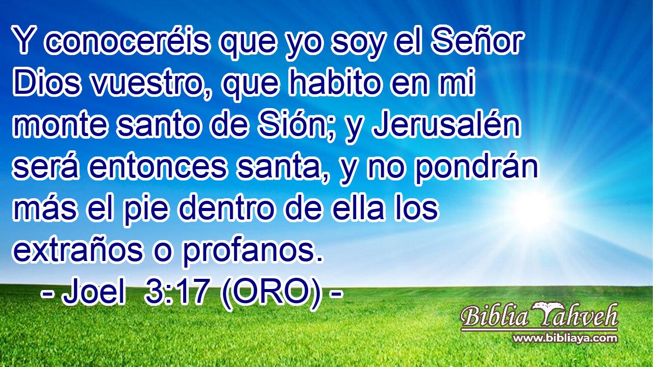  Y conoceréis que yo soy el Señor Dios vuestro, que habito en mi monte santo de Sión; y Jerusalén será entonces santa, y no pondrán más el pie dentro de ella los extraños o profanos. 