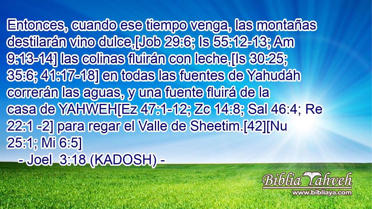  Entonces, cuando ese tiempo venga, las montañas destilarán vino dulce,[Job 29:6; Is 55:12-13; Am 9:13-14] las colinas fluirán con leche,[Is 30:25; 35:6; 41:17-18] en todas las fuentes de Yahudáh correrán las aguas, y una fuente fluirá de la casa de YAHWEH[Ez 47:1-12; Zc 14:8; Sal 46:4; Re 22:1 -2] para regar el Valle de Sheetim.[42][Nu 25:1; Mi 6:5] 