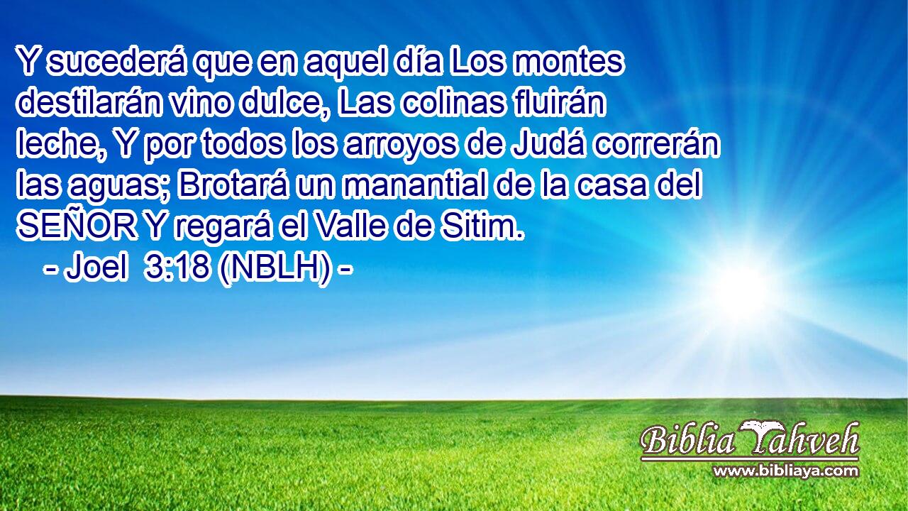  Y sucederá que en aquel día Los montes destilarán vino dulce, Las colinas fluirán leche, Y por todos los arroyos de Judá correrán las aguas; Brotará un manantial de la casa del SEÑOR Y regará el Valle de Sitim. 