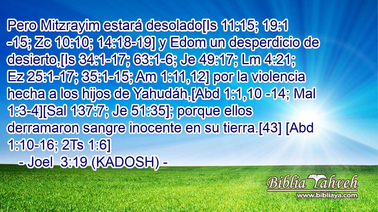  Pero Mitzrayim estará desolado[Is 11:15; 19:1 -15; Zc 10:10; 14:18-19] y Edom un desperdicio de desierto,[Is 34:1-17; 63:1-6; Je 49:17; Lm 4:21; Ez 25:1-17; 35:1-15; Am 1:11,12] por la violencia hecha a los hijos de Yahudáh,[Abd 1:1,10 -14; Mal 1:3-4][Sal 137:7; Je 51:35]; porque ellos derramaron sangre inocente en su tierra.[43] [Abd 1:10-16; 2Ts 1:6] 