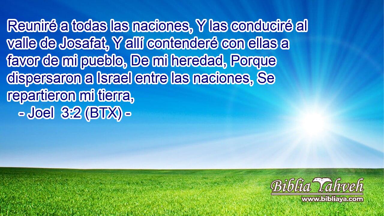 Reuniré a todas las naciones, Y las conduciré al valle de Josafat, Y allí contenderé con ellas a favor de mi pueblo, De mi heredad, Porque dispersaron a Israel entre las naciones, Se repartieron mi tierra,