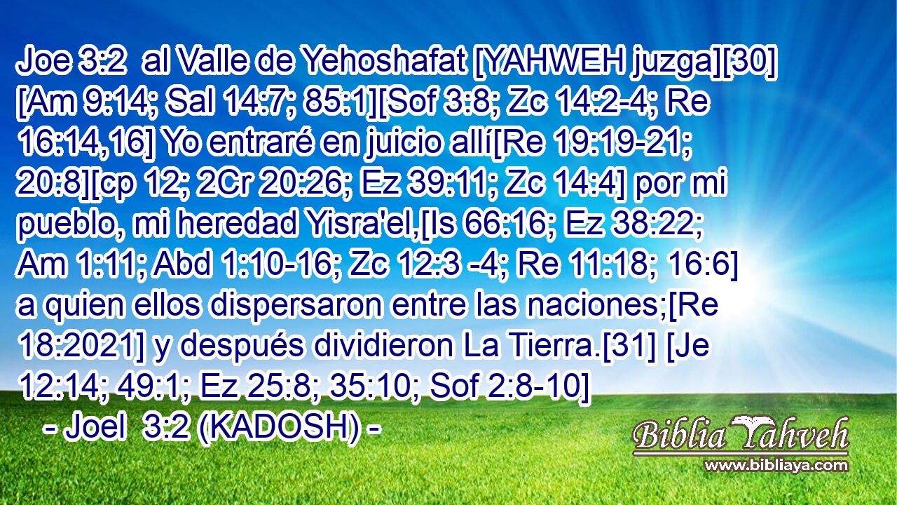  al Valle de Yehoshafat [YAHWEH juzga][30] [Am 9:14; Sal 14:7; 85:1][Sof 3:8; Zc 14:2-4; Re 16:14,16] Yo entraré en juicio allí[Re 19:19-21; 20:8][cp 12; 2Cr 20:26; Ez 39:11; Zc 14:4] por mi pueblo, mi heredad Yisra'el,[Is 66:16; Ez 38:22; Am 1:11; Abd 1:10-16; Zc 12:3 -4; Re 11:18; 16:6] a quien ellos dispersaron entre las naciones;[Re 18:2021] y después dividieron La Tierra.[31] [Je 12:14; 49:1; Ez 25:8; 35:10; Sof 2:8-10] 