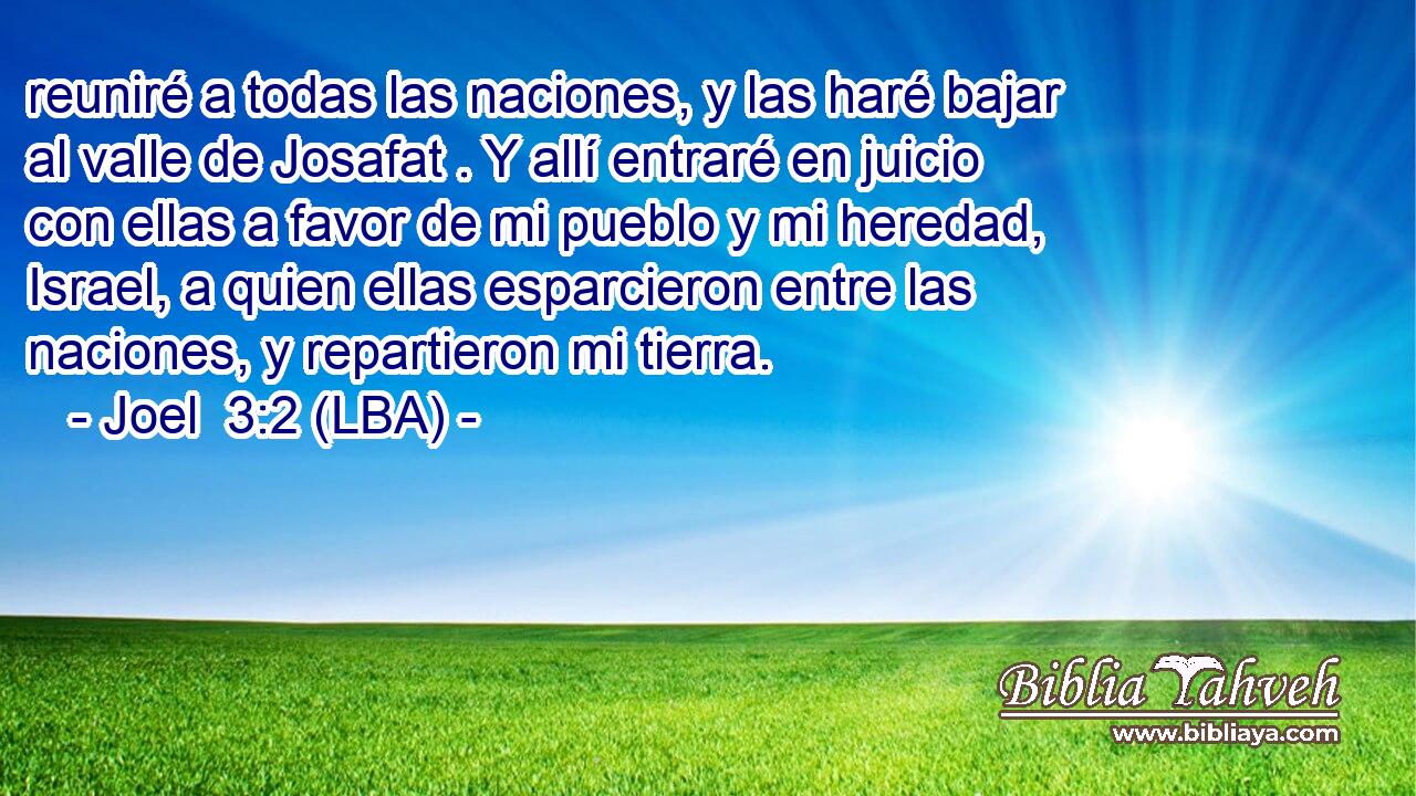 reuniré a todas las naciones, y las haré bajar al valle de Josafat . Y allí entraré en juicio con ellas a favor de mi pueblo y mi heredad, Israel, a quien ellas esparcieron entre las naciones, y repartieron mi tierra.