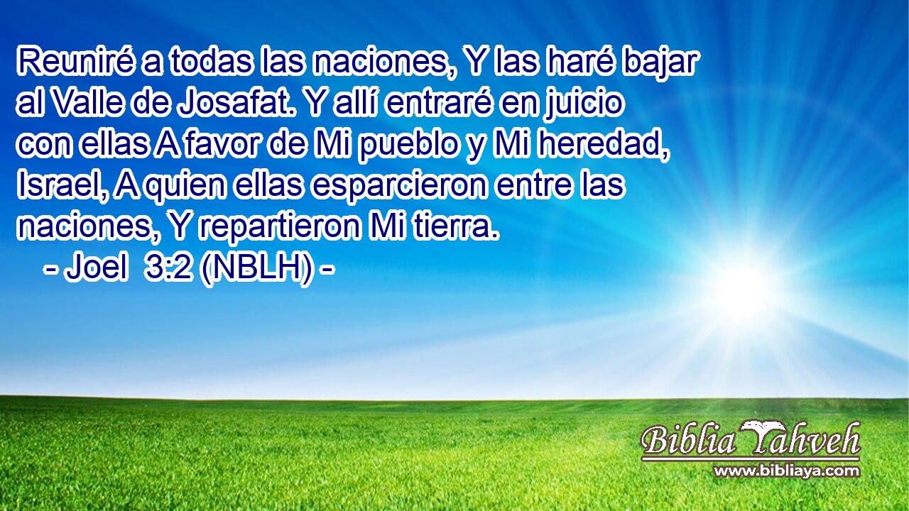  Reuniré a todas las naciones, Y las haré bajar al Valle de Josafat. Y allí entraré en juicio con ellas A favor de Mi pueblo y Mi heredad, Israel, A quien ellas esparcieron entre las naciones, Y repartieron Mi tierra. 