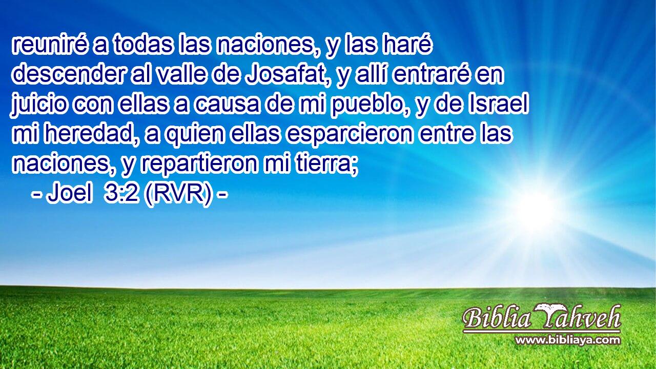 reuniré a todas las naciones, y las haré descender al valle de Josafat, y allí entraré en juicio con ellas a causa de mi pueblo, y de Israel mi heredad, a quien ellas esparcieron entre las naciones, y repartieron mi tierra;