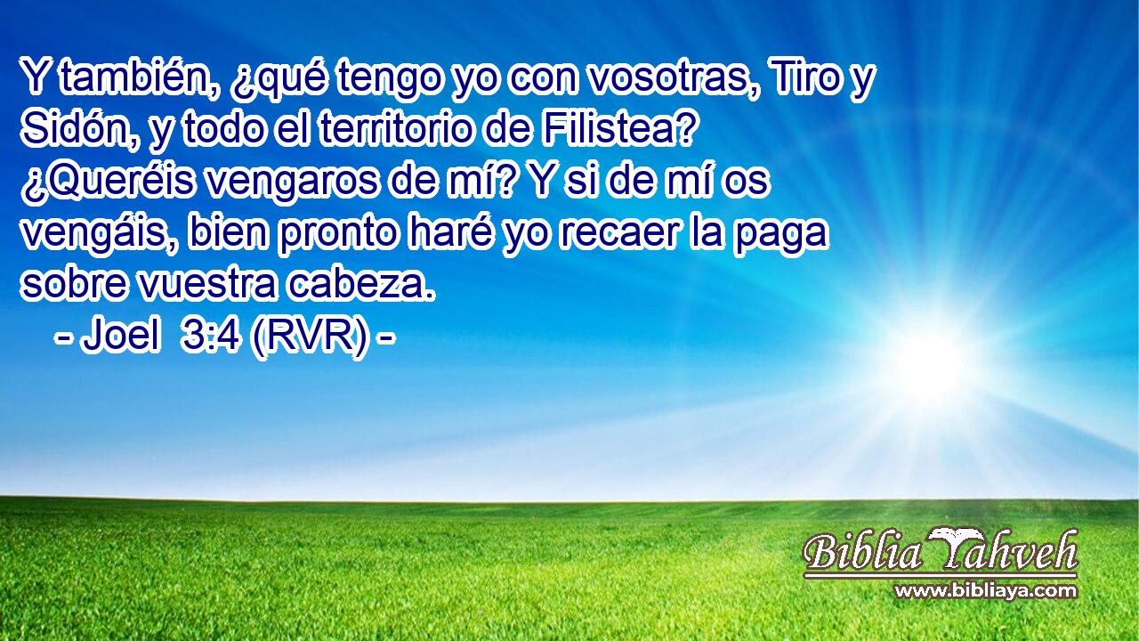 Y también, ¿qué tengo yo con vosotras, Tiro y Sidón, y todo el territorio de Filistea? ¿Queréis vengaros de mí? Y si de mí os vengáis, bien pronto haré yo recaer la paga sobre vuestra cabeza.