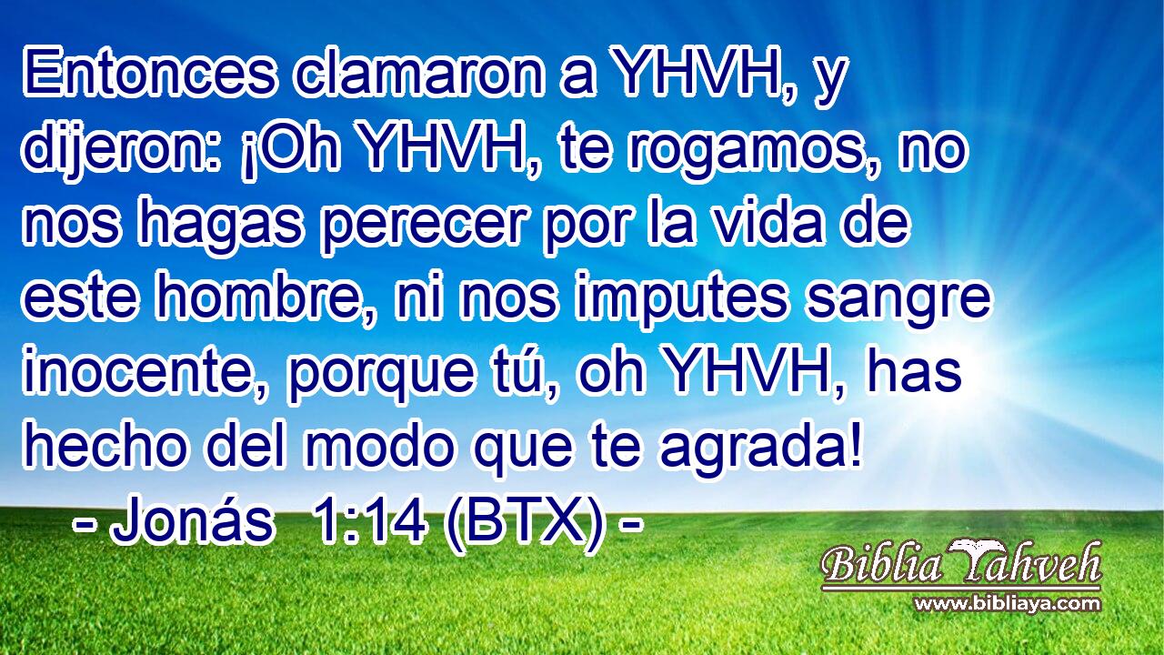 Entonces clamaron a YHVH, y dijeron: ¡Oh YHVH, te rogamos, no nos hagas perecer por la vida de este hombre, ni nos imputes sangre inocente, porque tú, oh YHVH, has hecho del modo que te agrada!