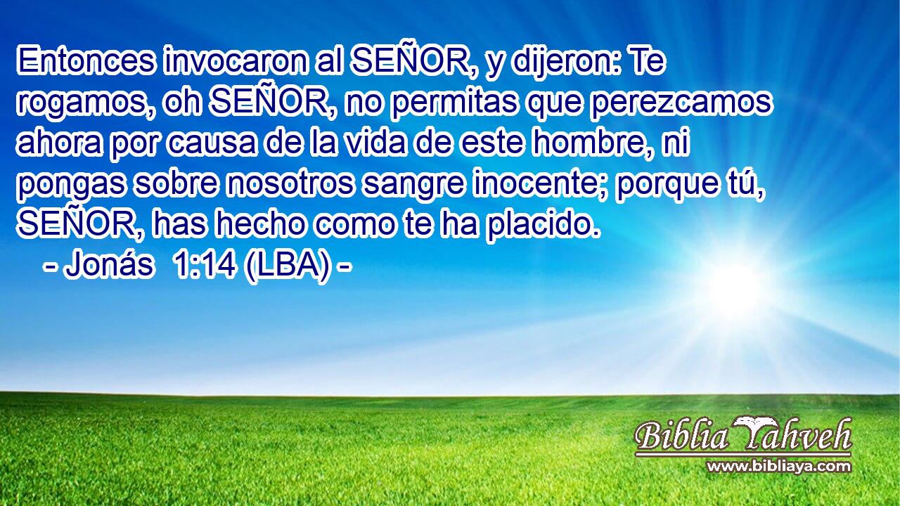 Entonces invocaron al SEÑOR, y dijeron: Te rogamos, oh SEÑOR, no permitas que perezcamos ahora por causa de la vida de este hombre, ni pongas sobre nosotros sangre inocente; porque tú, SEÑOR, has hecho como te ha placido.