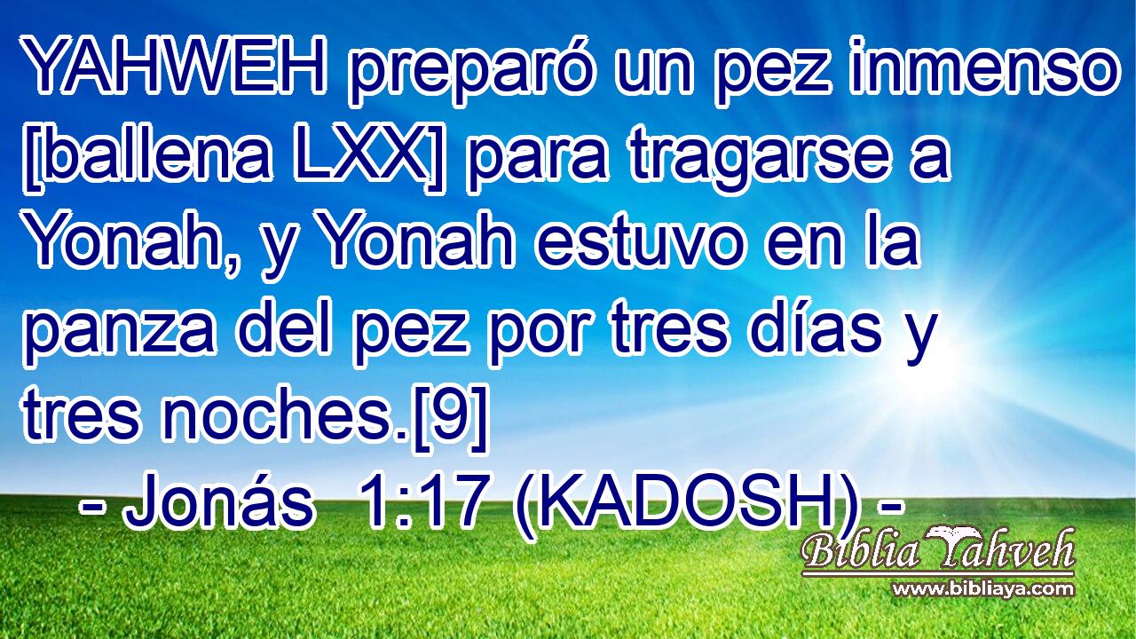  YAHWEH preparó un pez inmenso [ballena LXX] para tragarse a Yonah, y Yonah estuvo en la panza del pez por tres días y tres noches.[9] 