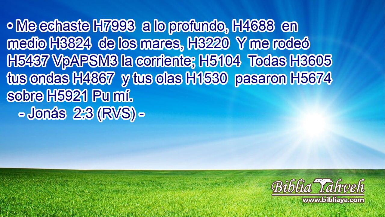 • Me echaste H7993  a lo profundo, H4688  en medio H3824  de los mares, H3220  Y me rodeó H5437 VpAPSM3 la corriente; H5104  Todas H3605  tus ondas H4867  y tus olas H1530  pasaron H5674  sobre H5921 Pu mí. 