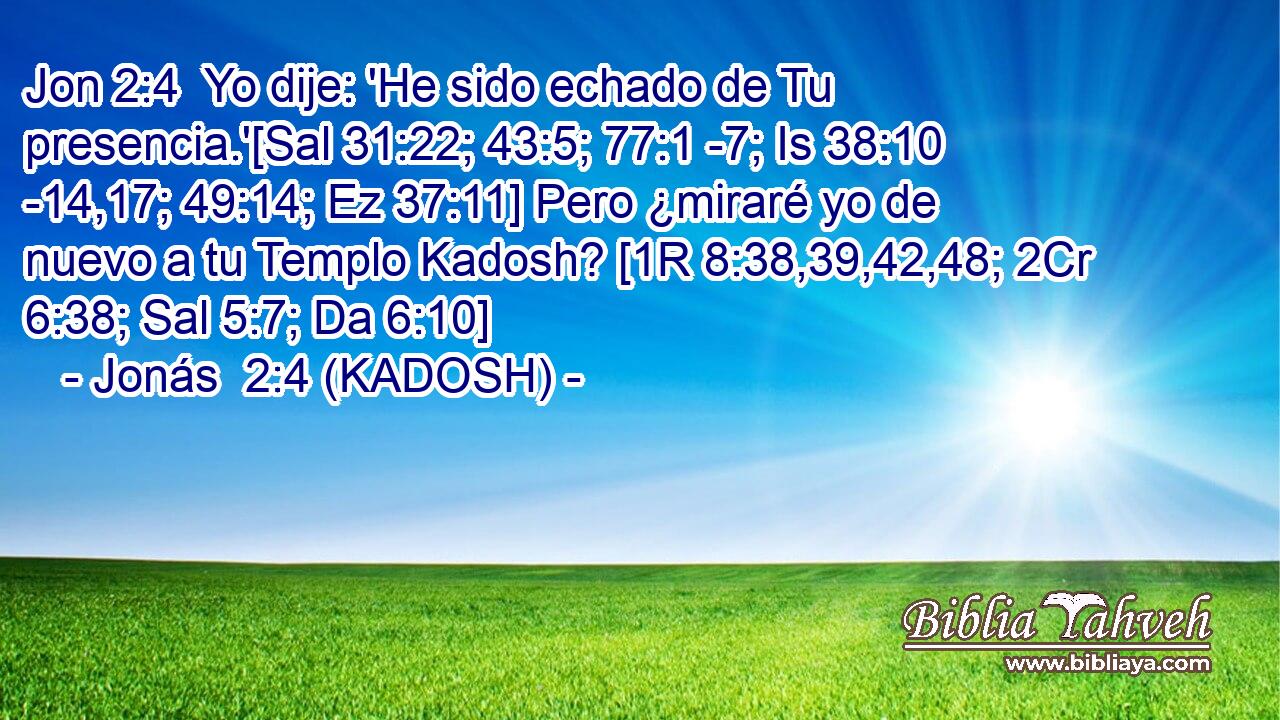  Yo dije: 'He sido echado de Tu presencia.'[Sal 31:22; 43:5; 77:1 -7; Is 38:10 -14,17; 49:14; Ez 37:11] Pero ¿miraré yo de nuevo a tu Templo Kadosh? [1R 8:38,39,42,48; 2Cr 6:38; Sal 5:7; Da 6:10] 