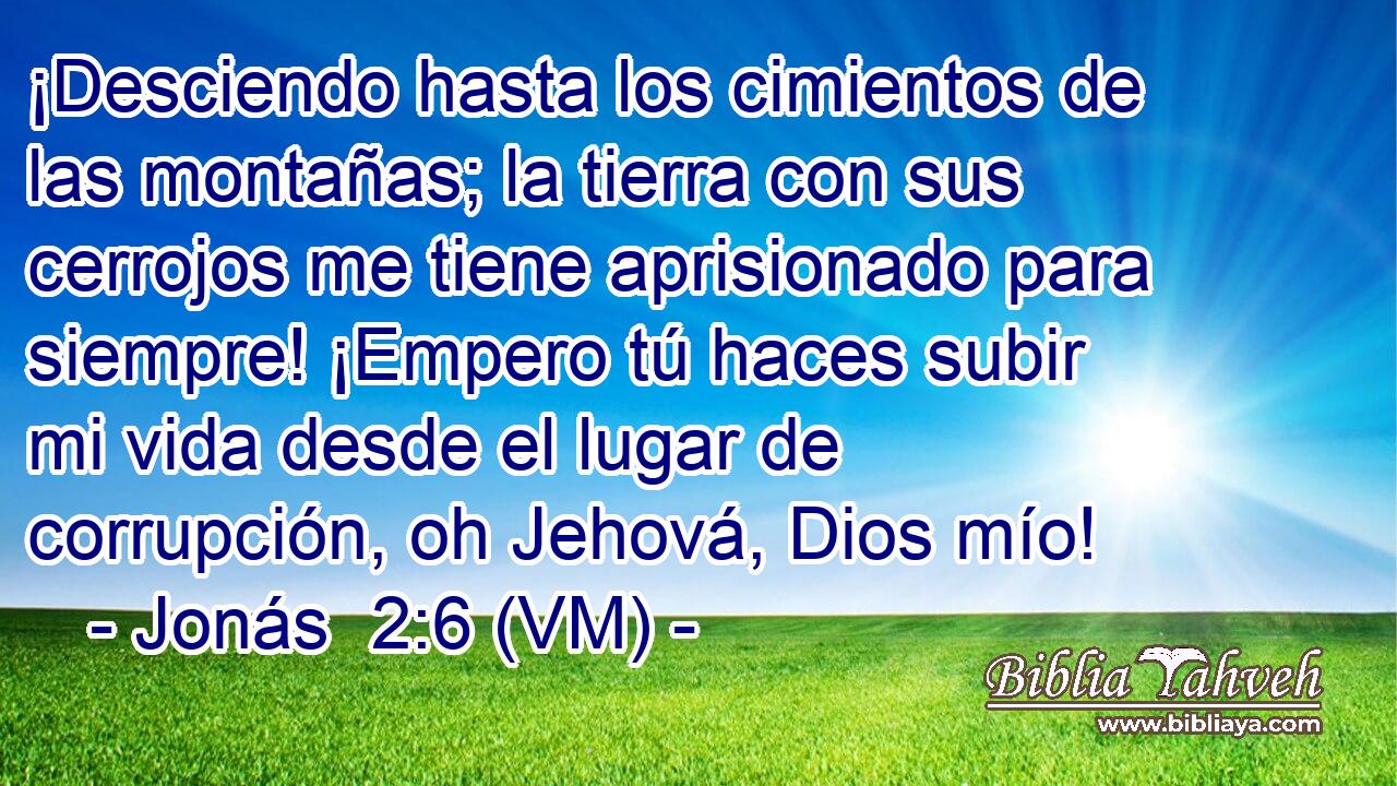  ¡Desciendo hasta los cimientos de las montañas; la tierra con sus cerrojos me tiene aprisionado para siempre! ¡Empero tú haces subir mi vida desde el lugar de corrupción, oh Jehová, Dios mío! 