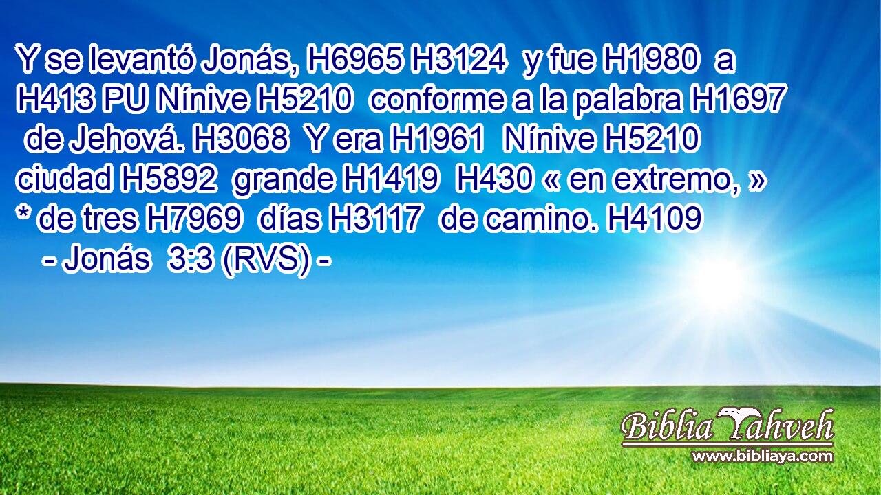 Y se levantó Jonás, H6965 H3124  y fue H1980  a H413 PU Nínive H5210  conforme a la palabra H1697  de Jehová. H3068  Y era H1961  Nínive H5210  ciudad H5892  grande H1419  H430 « en extremo, » * de tres H7969  días H3117  de camino. H4109  