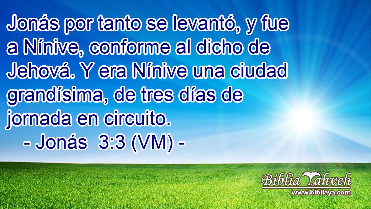  Jonás por tanto se levantó, y fue a Nínive, conforme al dicho de Jehová. Y era Nínive una ciudad grandísima, de tres días de jornada en circuito. 