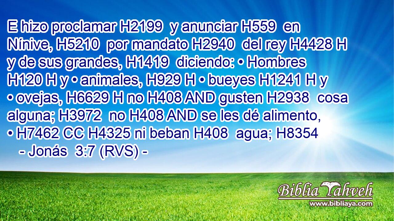 E hizo proclamar H2199  y anunciar H559  en Nínive, H5210  por mandato H2940  del rey H4428 H y de sus grandes, H1419  diciendo: • Hombres H120 H y • animales, H929 H • bueyes H1241 H y • ovejas, H6629 H no H408 AND gusten H2938  cosa alguna; H3972  no H408 AND se les dé alimento, • H7462 CC H4325 ni beban H408  agua; H8354  