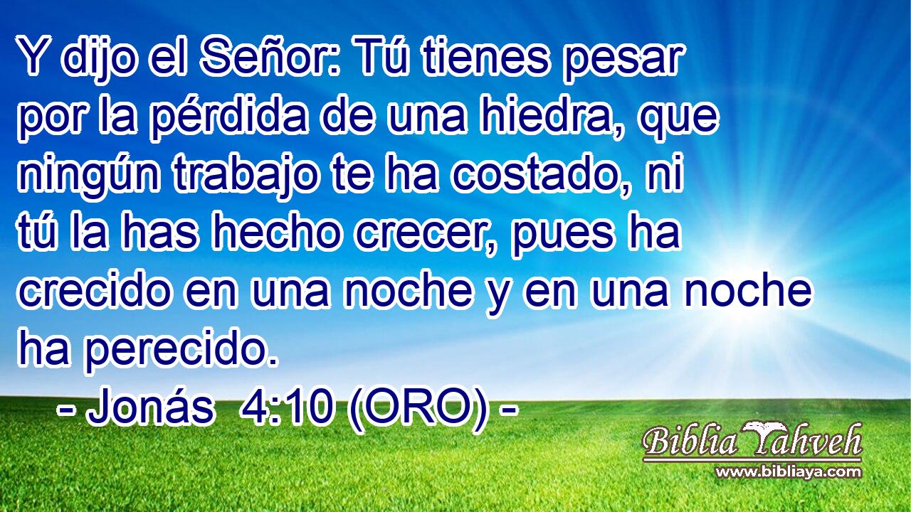  Y dijo el Señor: Tú tienes pesar por la pérdida de una hiedra, que ningún trabajo te ha costado, ni tú la has hecho crecer, pues ha crecido en una noche y en una noche ha perecido. 