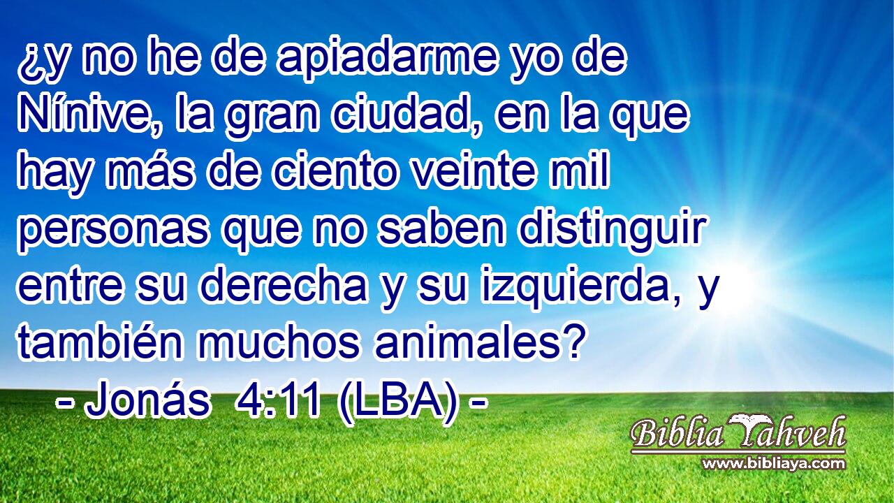 ¿y no he de apiadarme yo de Nínive, la gran ciudad, en la que hay más de ciento veinte mil personas que no saben distinguir entre su derecha y su izquierda, y también muchos animales?