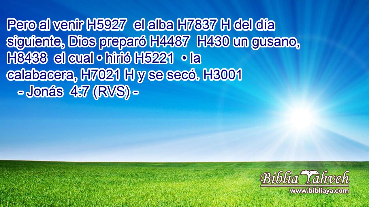 Pero al venir H5927  el alba H7837 H del día siguiente, Dios preparó H4487  H430 un gusano, H8438  el cual • hirió H5221  • la calabacera, H7021 H y se secó. H3001  