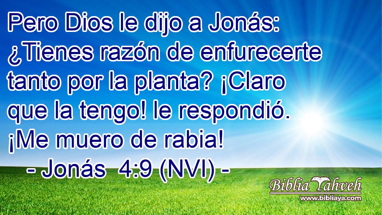  Pero Dios le dijo a Jonás: ¿Tienes razón de enfurecerte tanto por la planta? ¡Claro que la tengo! le respondió. ¡Me muero de rabia! 