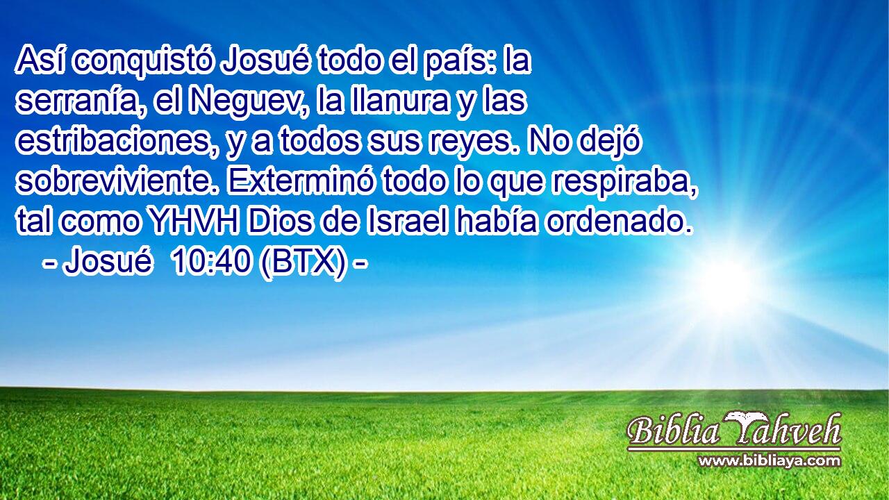 Así conquistó Josué todo el país: la serranía, el Neguev, la llanura y las estribaciones, y a todos sus reyes. No dejó sobreviviente. Exterminó todo lo que respiraba, tal como YHVH Dios de Israel había ordenado.