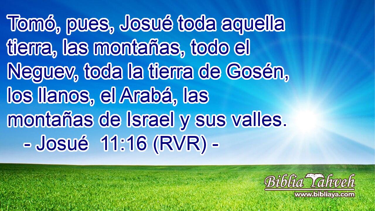 Tomó, pues, Josué toda aquella tierra, las montañas, todo el Neguev, toda la tierra de Gosén, los llanos, el Arabá, las montañas de Israel y sus valles.