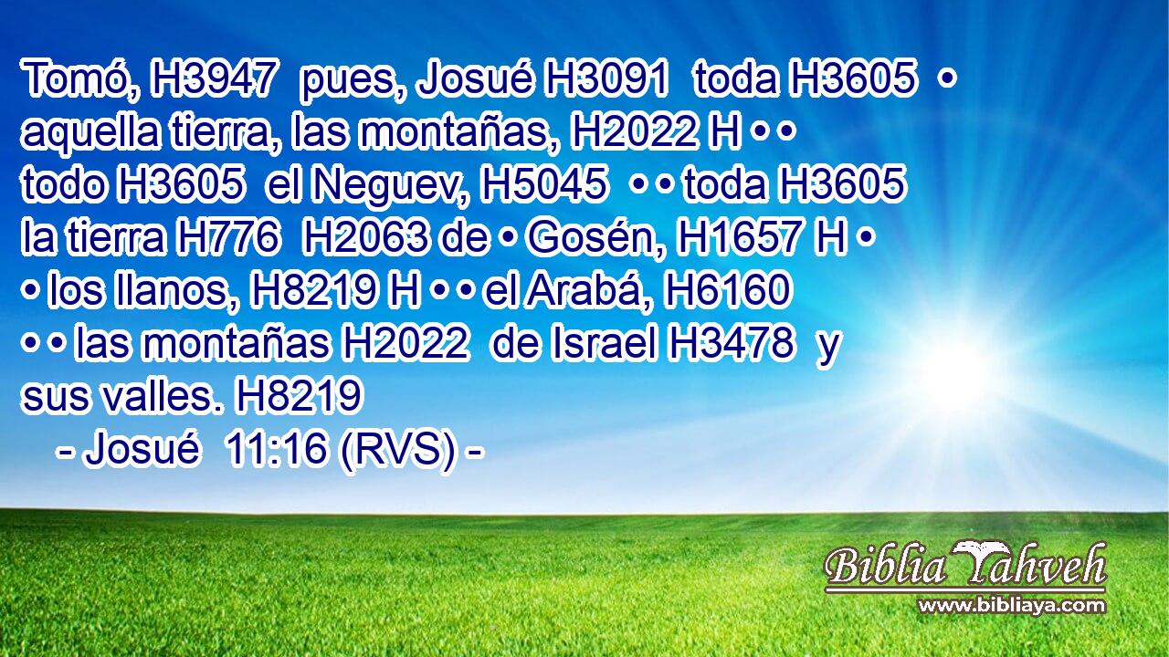 Tomó, H3947  pues, Josué H3091  toda H3605  • aquella tierra, las montañas, H2022 H • • todo H3605  el Neguev, H5045  • • toda H3605  la tierra H776  H2063 de • Gosén, H1657 H • • los llanos, H8219 H • • el Arabá, H6160  • • las montañas H2022  de Israel H3478  y sus valles. H8219  