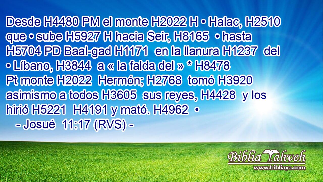 Desde H4480 PM el monte H2022 H • Halac, H2510  que • sube H5927 H hacia Seir, H8165  • hasta H5704 PD Baal-gad H1171  en la llanura H1237  del • Líbano, H3844  a « la falda del » * H8478 Pt monte H2022  Hermón; H2768  tomó H3920  asimismo a todos H3605  sus reyes, H4428  y los hirió H5221  H4191 y mató. H4962  • 