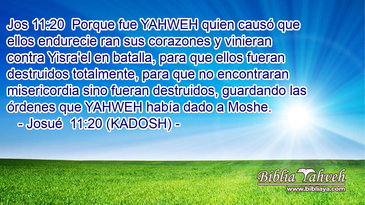  Porque fue YAHWEH quien causó que ellos endurecie ran sus corazones y vinieran contra Yisra'el en batalla, para que ellos fueran destruidos totalmente, para que no encontraran misericordia sino fueran destruidos, guardando las órdenes que YAHWEH había dado a Moshe. 