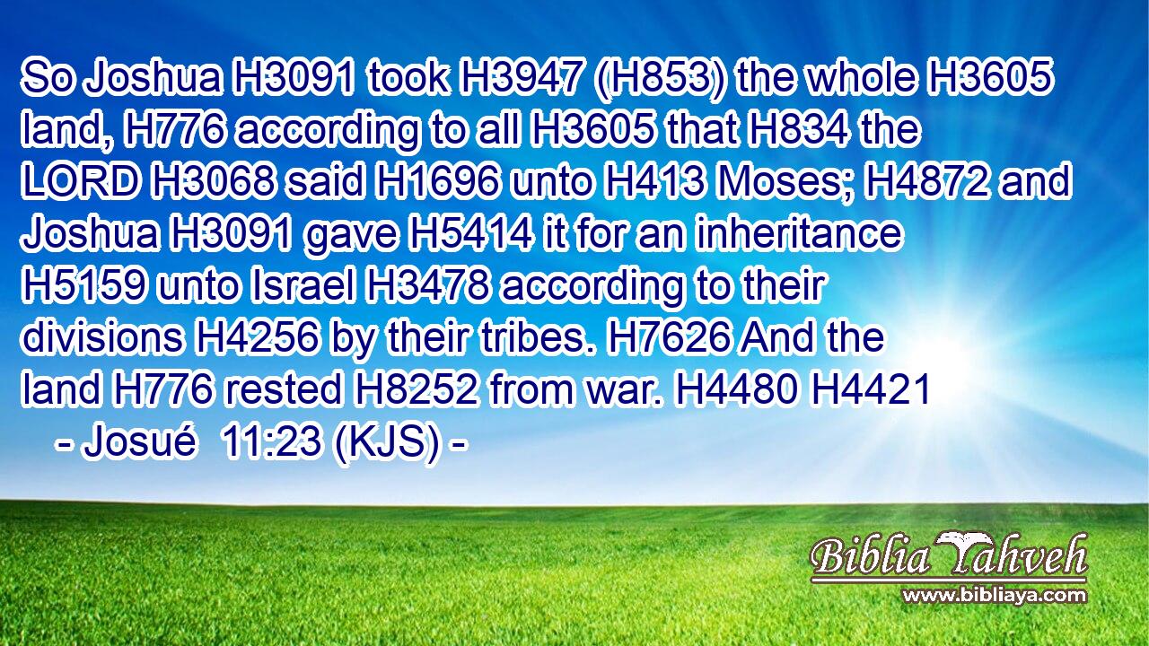 So Joshua H3091 took H3947 (H853) the whole H3605 land, H776 according to all H3605 that H834 the LORD H3068 said H1696 unto H413 Moses; H4872 and Joshua H3091 gave H5414 it for an inheritance H5159 unto Israel H3478 according to their divisions H4256 by their tribes. H7626 And the land H776 rested H8252 from war. H4480 H4421