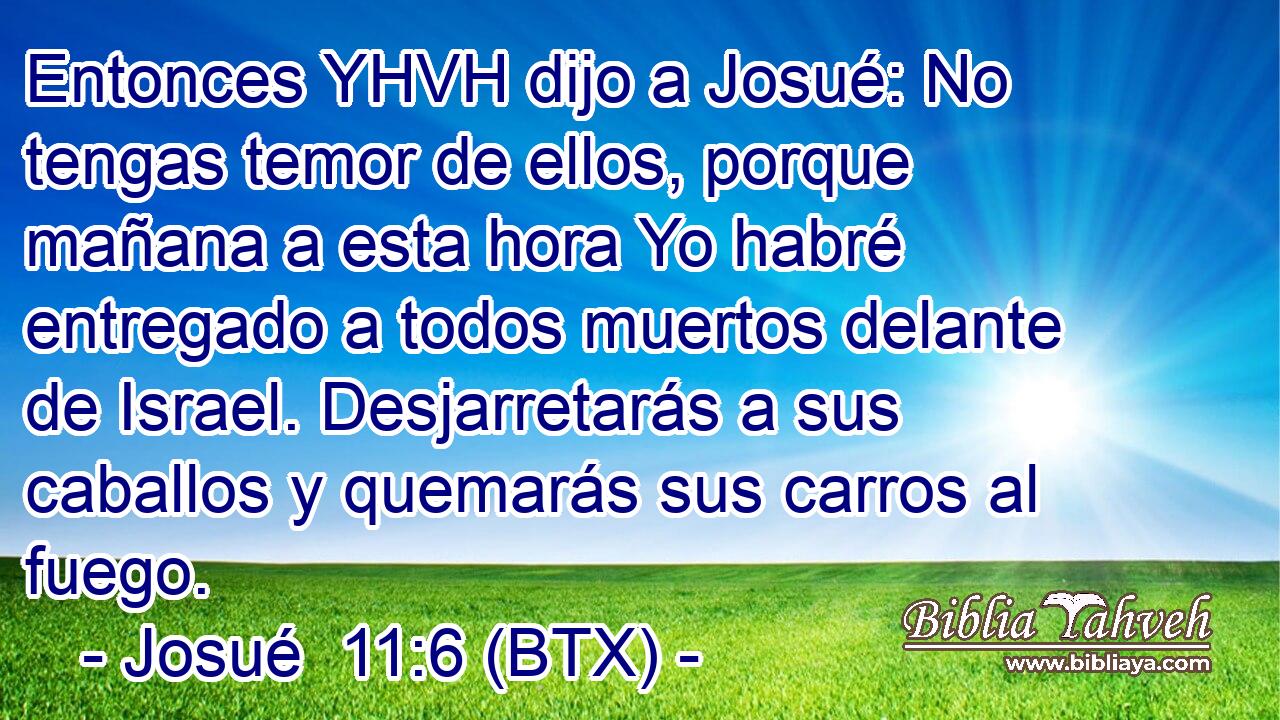 Entonces YHVH dijo a Josué: No tengas temor de ellos, porque mañana a esta hora Yo habré entregado a todos muertos delante de Israel. Desjarretarás a sus caballos y quemarás sus carros al fuego.