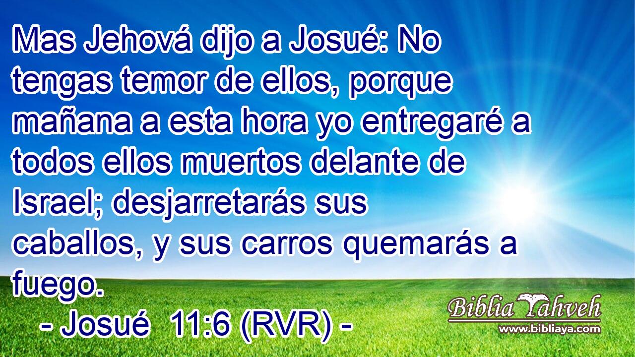 Mas Jehová dijo a Josué: No tengas temor de ellos, porque mañana a esta hora yo entregaré a todos ellos muertos delante de Israel; desjarretarás sus caballos, y sus carros quemarás a fuego.