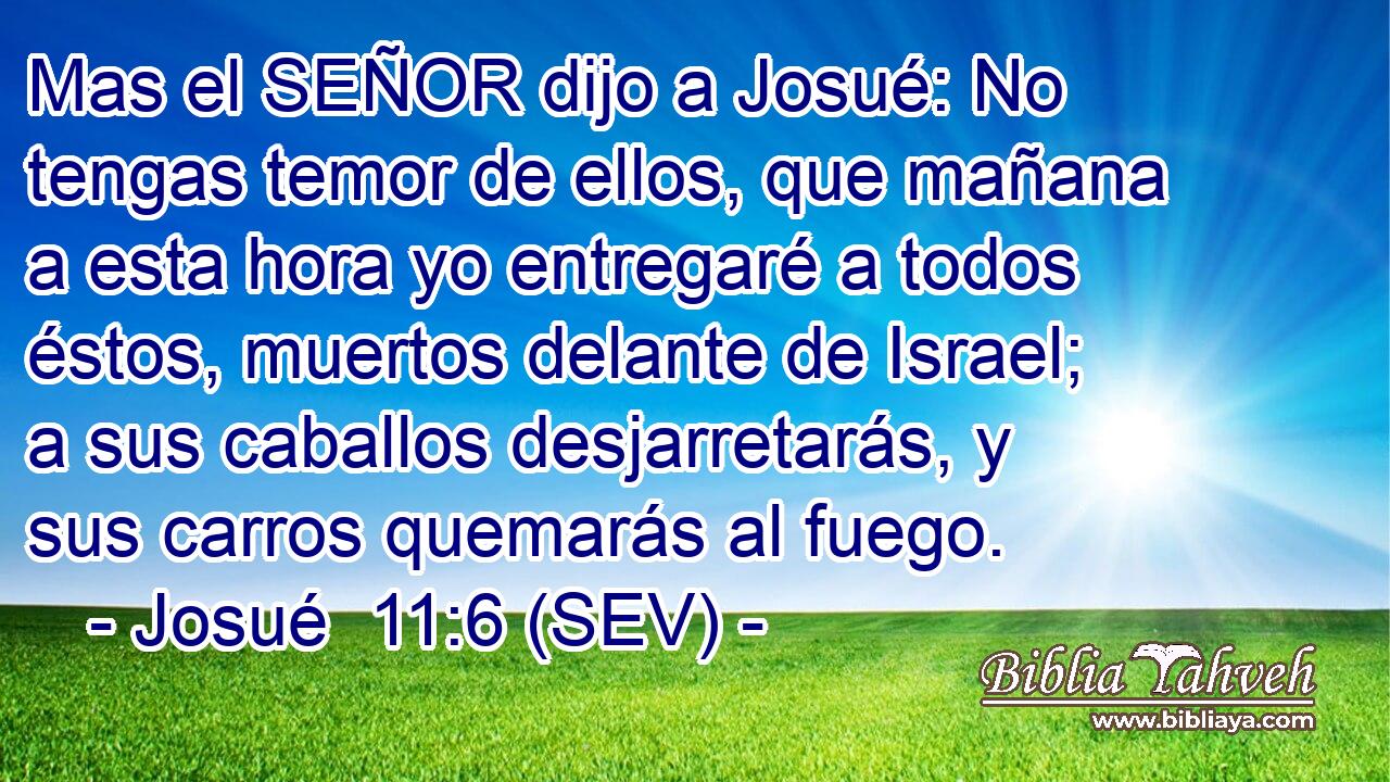 Mas el SEÑOR dijo a Josué: No tengas temor de ellos, que mañana a esta hora yo entregaré a todos éstos, muertos delante de Israel; a sus caballos desjarretarás, y sus carros quemarás al fuego.