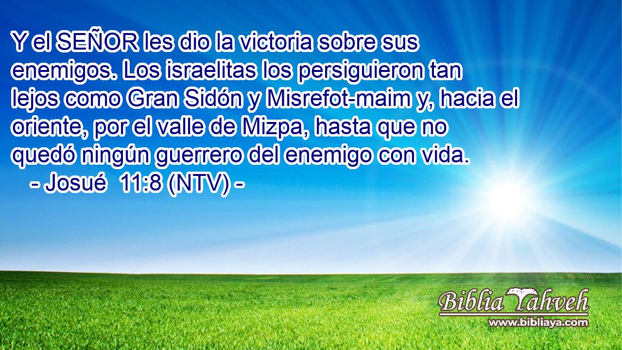 Y el SEÑOR les dio la victoria sobre sus enemigos. Los israelitas los persiguieron tan lejos como Gran Sidón y Misrefot-maim y, hacia el oriente, por el valle de Mizpa, hasta que no quedó ningún guerrero del enemigo con vida.