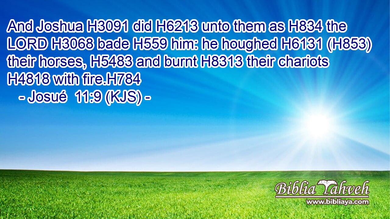 And Joshua H3091 did H6213 unto them as H834 the LORD H3068 bade H559 him: he houghed H6131 (H853) their horses, H5483 and burnt H8313 their chariots H4818 with fire.H784