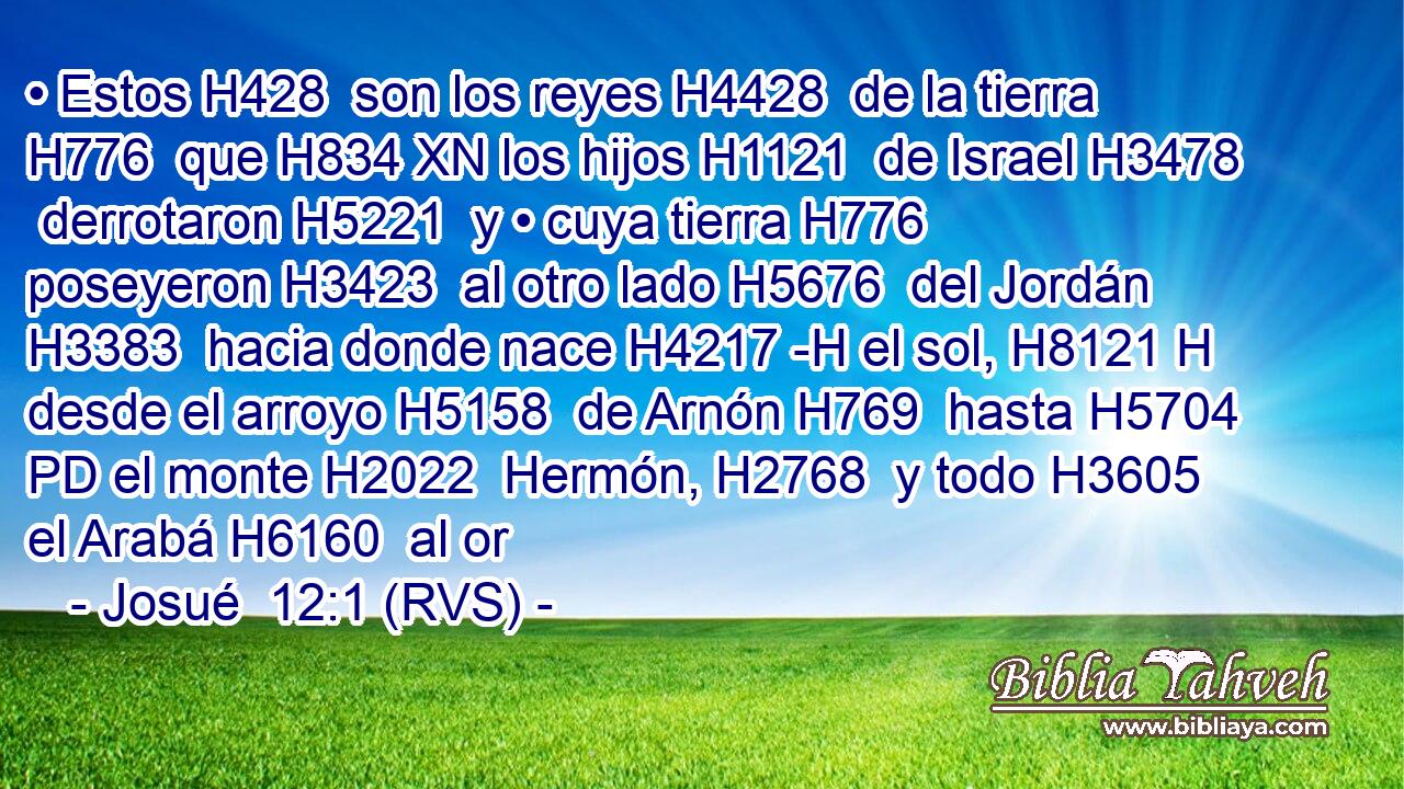 • Estos H428  son los reyes H4428  de la tierra H776  que H834 XN los hijos H1121  de Israel H3478  derrotaron H5221  y • cuya tierra H776  poseyeron H3423  al otro lado H5676  del Jordán H3383  hacia donde nace H4217 -H el sol, H8121 H desde el arroyo H5158  de Arnón H769  hasta H5704 PD el monte H2022  Hermón, H2768  y todo H3605  el Arabá H6160  al or
